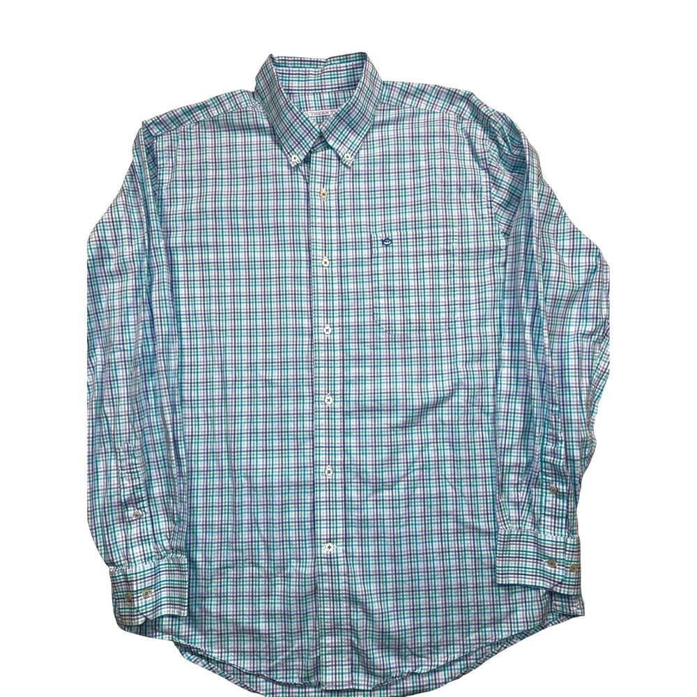 Southern Tide Mens Large Plaid Button Down Shirt Teal Blue Purple Skipjack - Picture 2 of 7